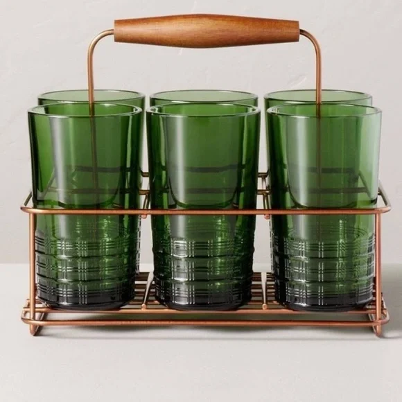 HEARTH & HAND NWT colored glass tumbler caddy set -13oz - Picture 1 of 7